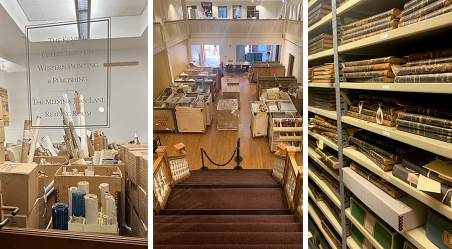 A panel of three photos of books and manuscripts, many in boxes and moving crates.