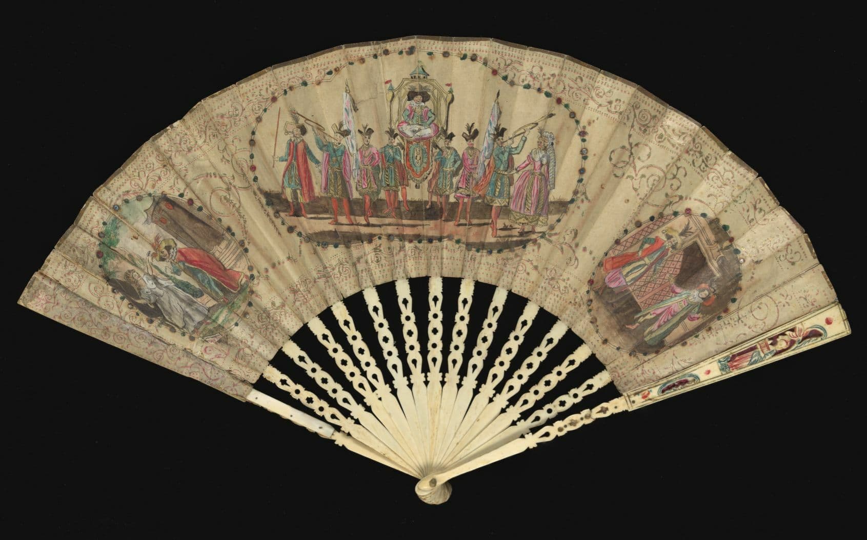 eighteenth century lady's fan with painted illustration of an opera scene