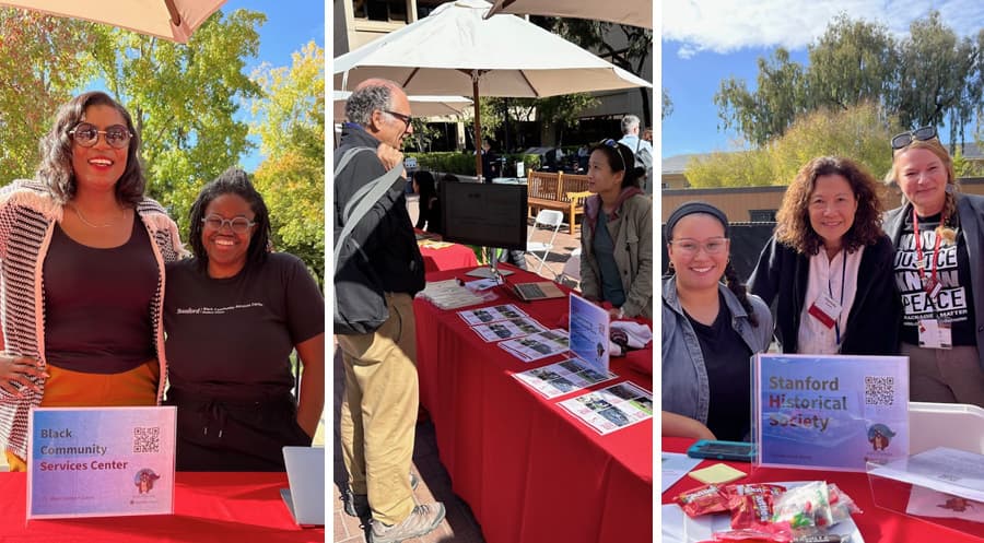 Panel of three photos showing volunteers at information tables.
