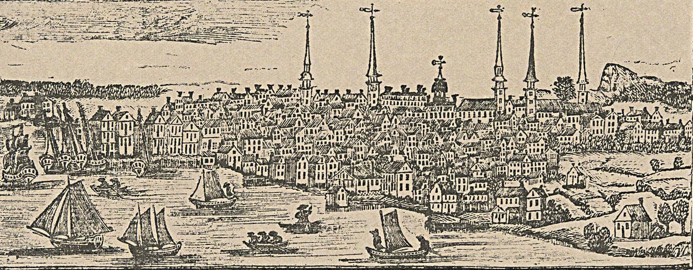 Woodblock engraving of New Haven harbor showing crowded housing and several church steeples.