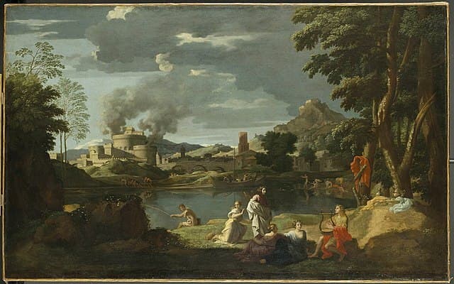 A landscape painting includes people lounging at a lake shore. One plays the lyre, and a castle in the background emits plumes of smoke.