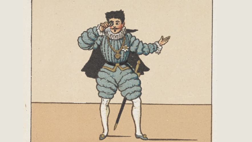 Cartoon depiction of man in puffy trousers standing on stage.